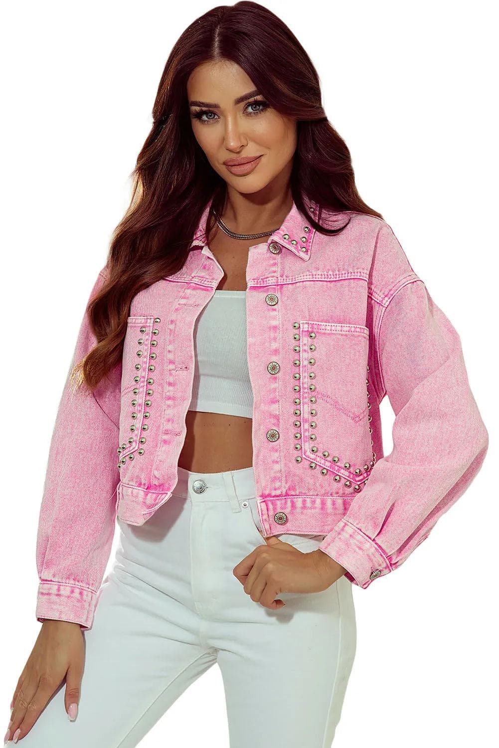 Outerwear/Denim jackets Pink Rivet Studded Pocketed Denim Jacket