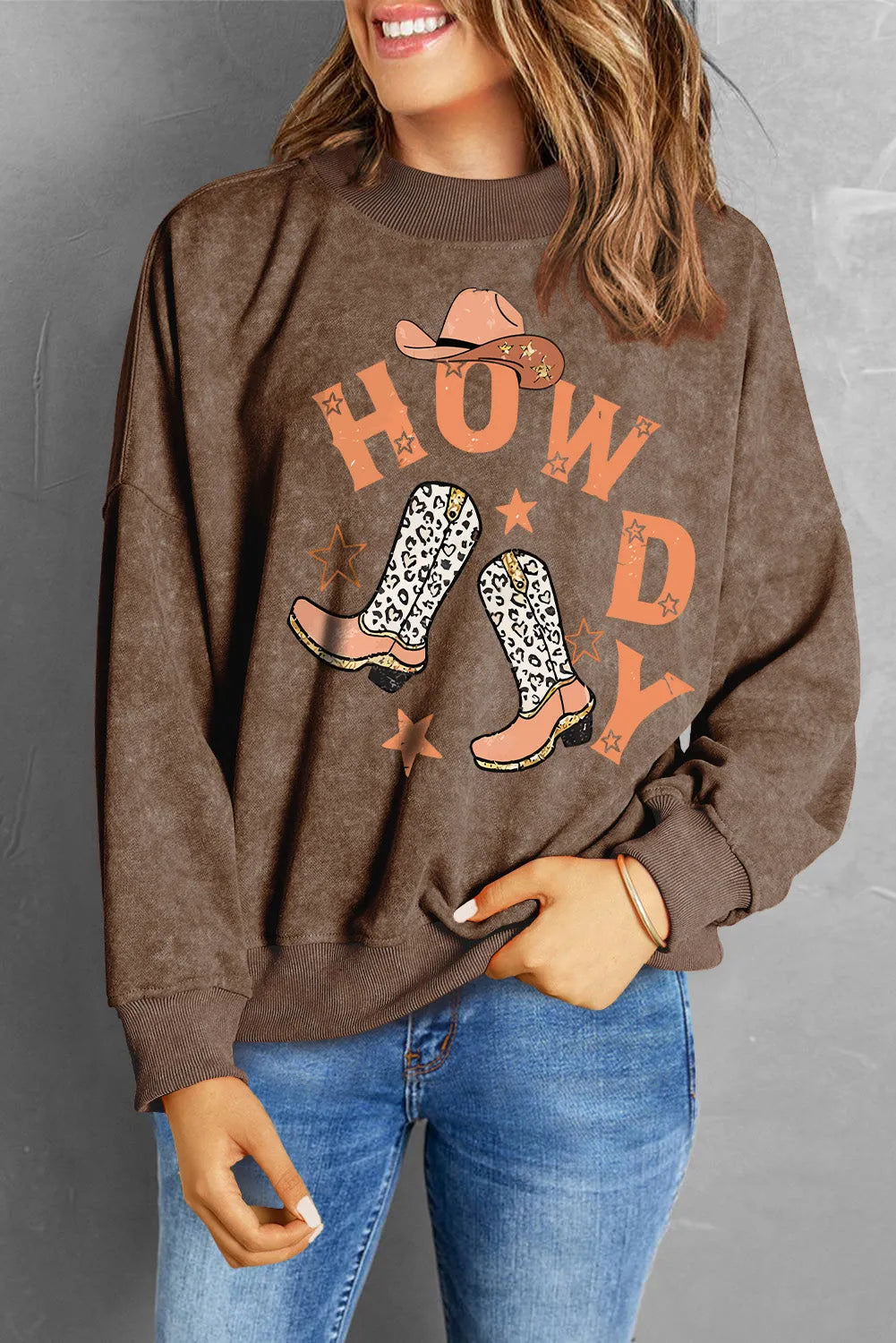 Brown HOWDY Western Fashion Graphic Sweatshirt - Chic Meadow Boutique 