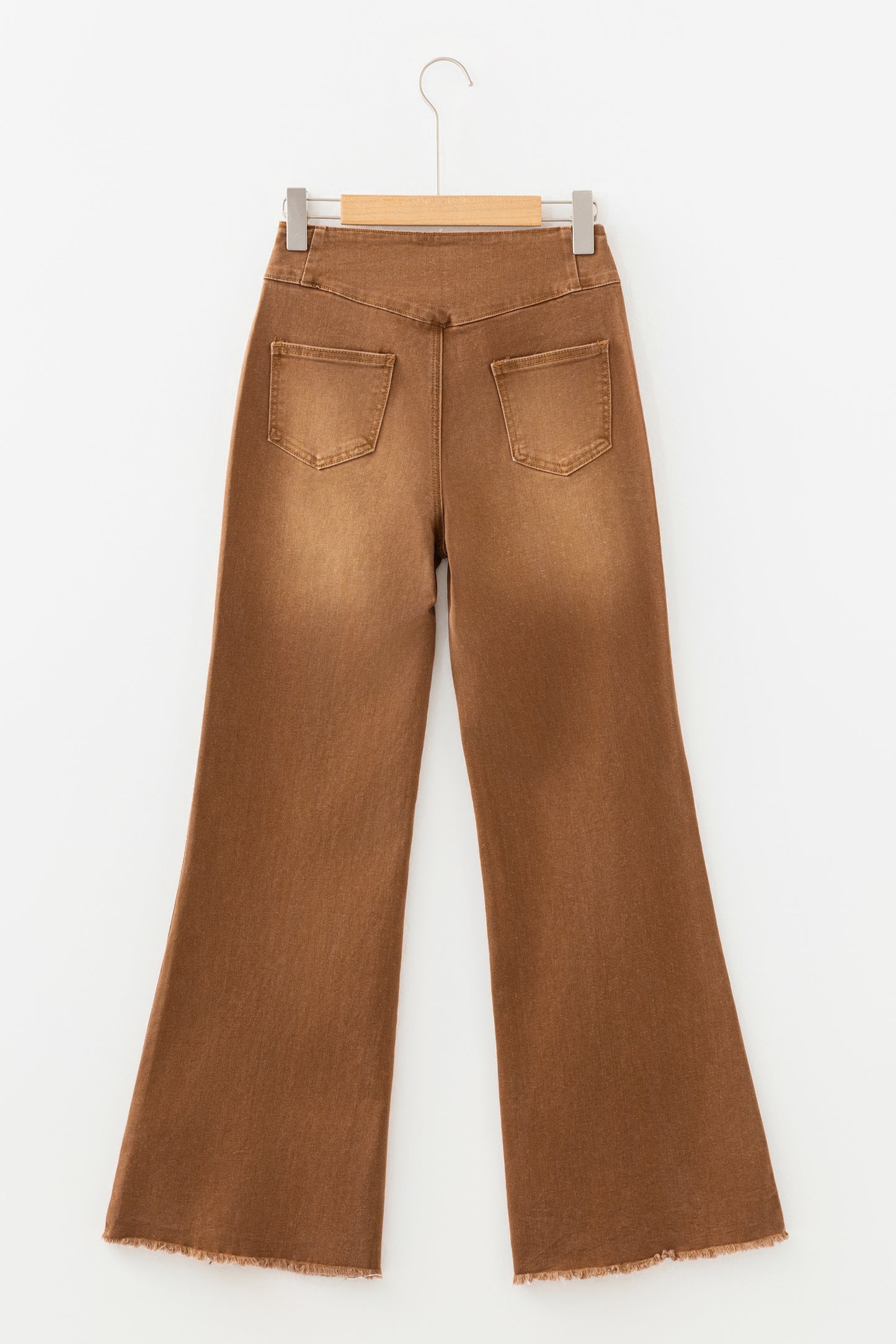 Coffee High Waist Button Fly Seamed Raw Hem Flare Jeans