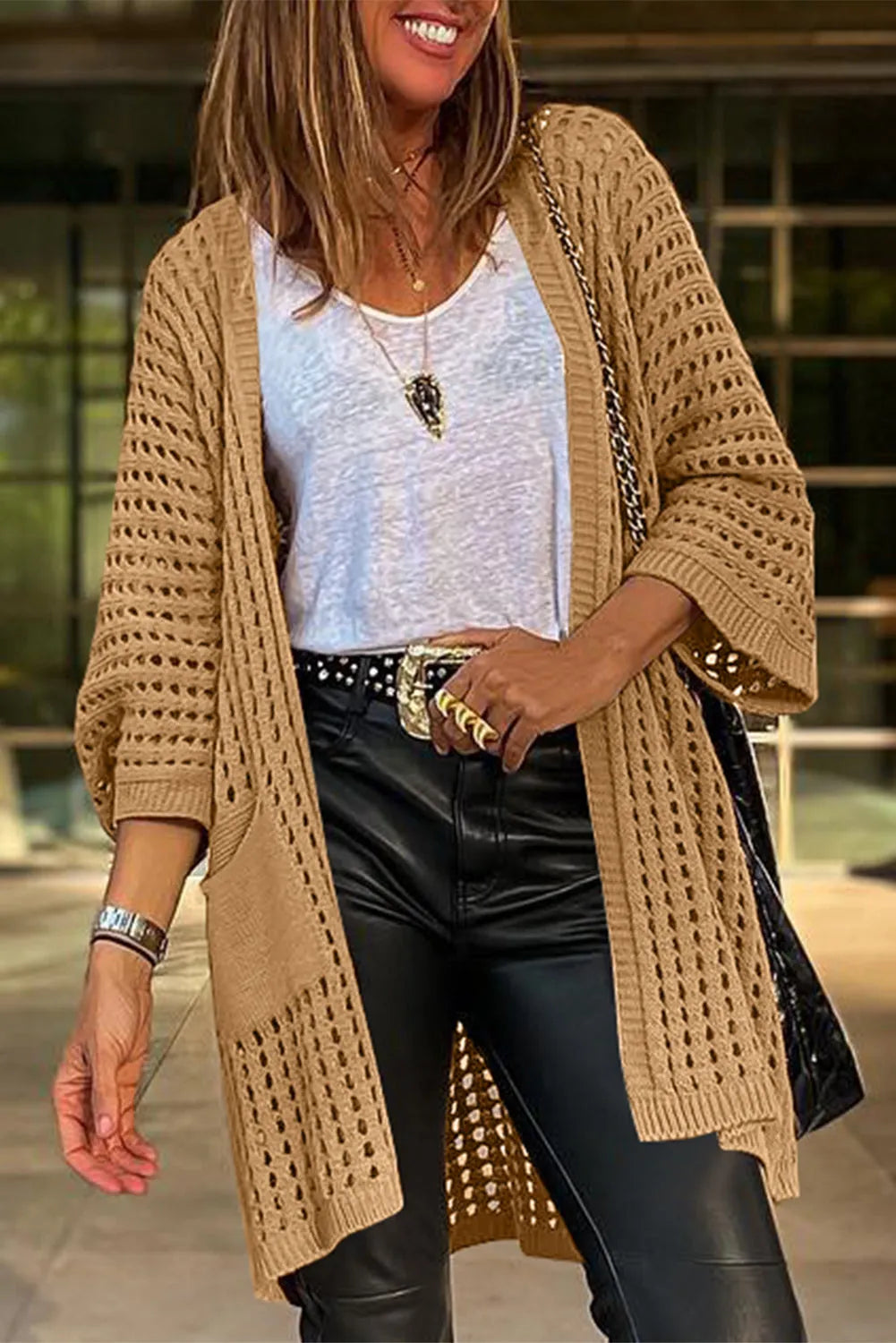 Camel Pointelle Knit Pocket Open Front Cardigan - Chic Meadow Boutique 