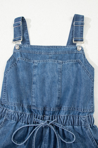 Sky Blue Buckle Straps Bib Style Drawstring Tied Backless Flared Denim Romper