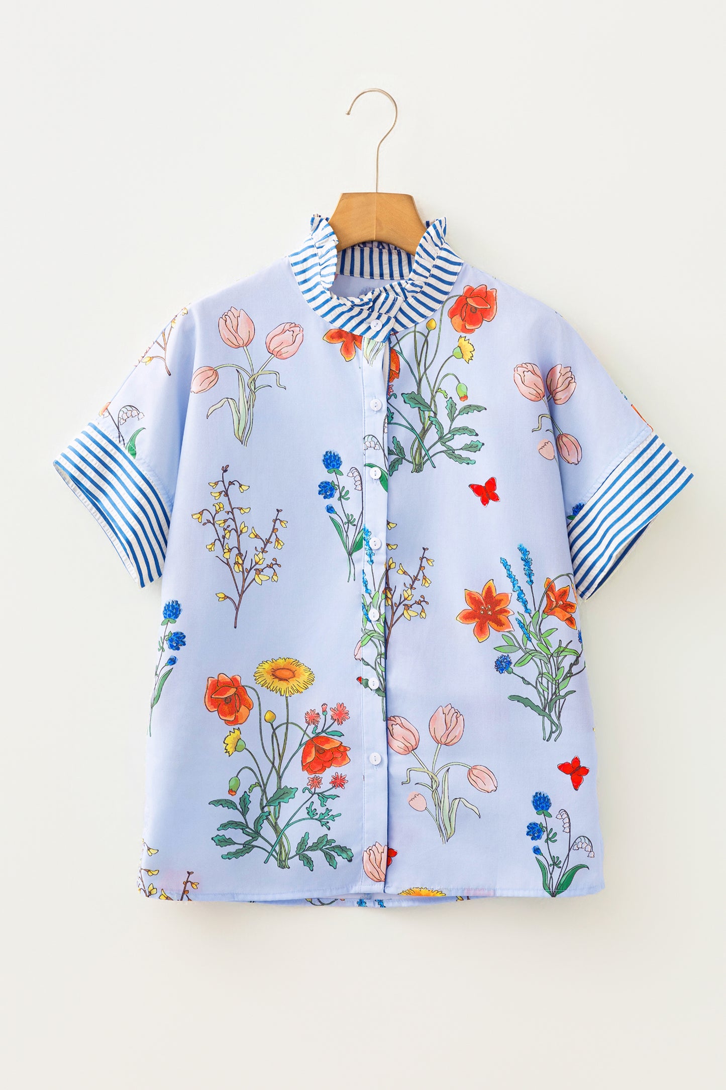Sky Blue Floral Striped Patchwork Ruffled Collar Short Sleeve Shirt