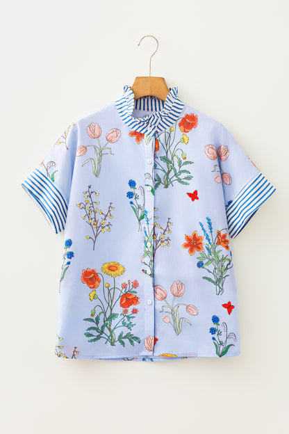 Sky Blue Floral Striped Patchwork Ruffled Collar Short Sleeve Shirt
