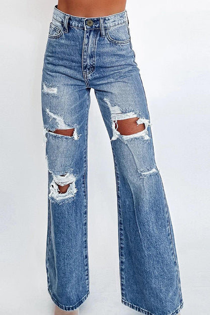 Bottoms/Jeans Ashleigh Blue / 6 / 93%Cotton+5%polyester+2%Elastane Ashleigh Blue Acid Wash Distressed Wide Leg High Waist Jeans