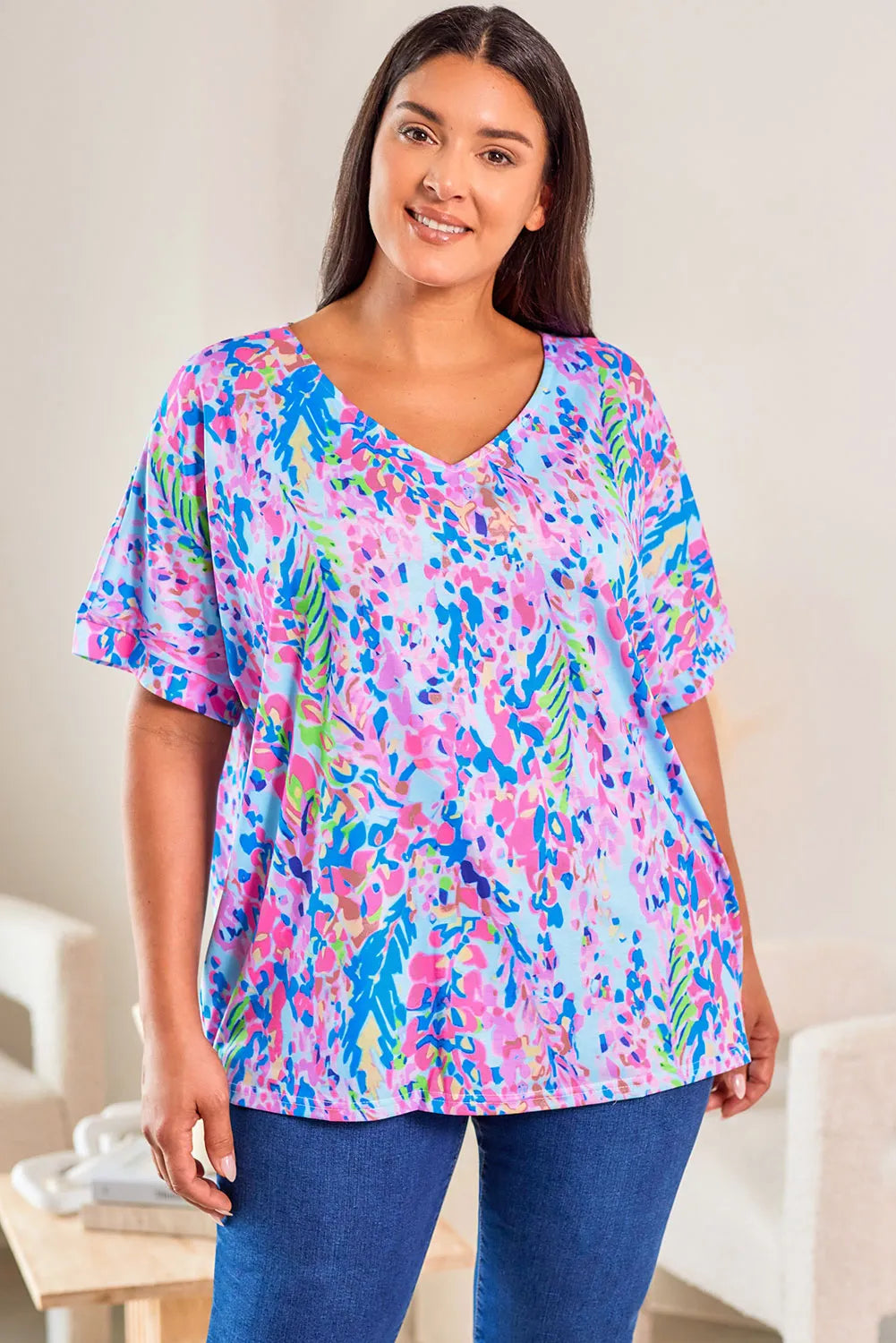 Sky Blue Plus Size Plant Print V Neck T-shirt - Chic Meadow Boutique 