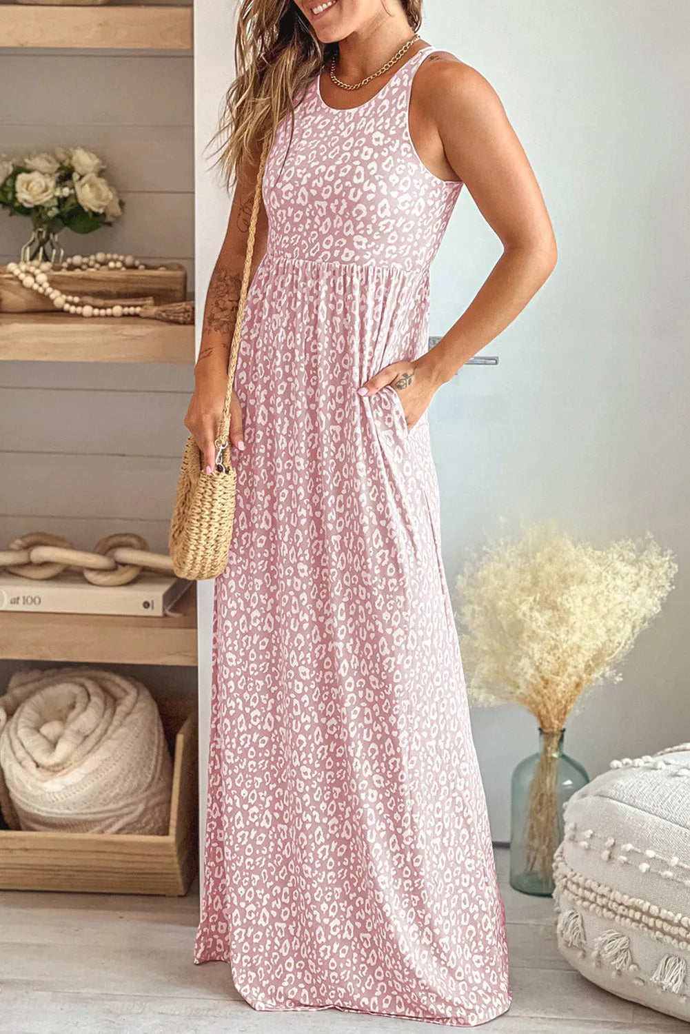 Dresses/Maxi Dresses Pink Leopard Print Pocketed Sleeveless Maxi Dress