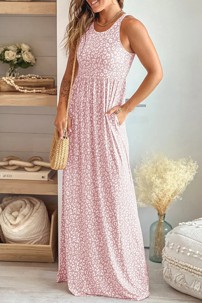 Pink Leopard Print Pocketed Sleeveless Maxi Dress - Chic Meadow Boutique 