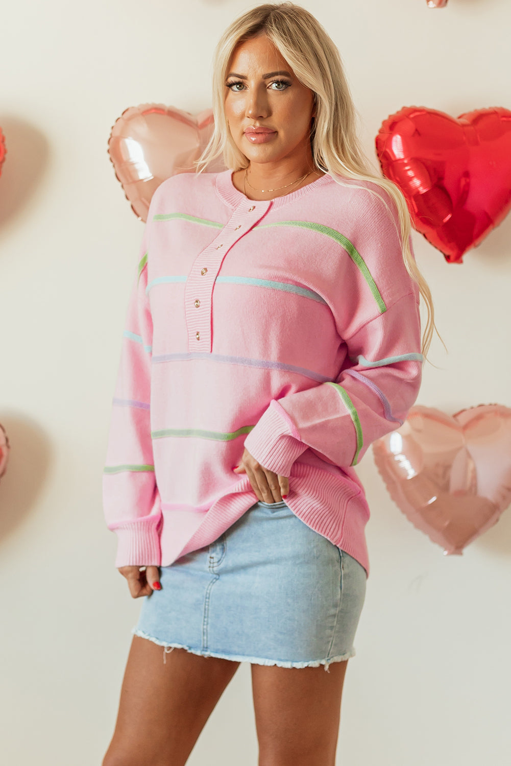 Pink Rainbow Stripes Drop Shoulder Baggy Henley Sweater