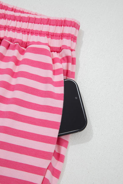 Rose Stripe Drop Shoulder Round Neck Top and Buttoned Straight Pants Two Piece Set
