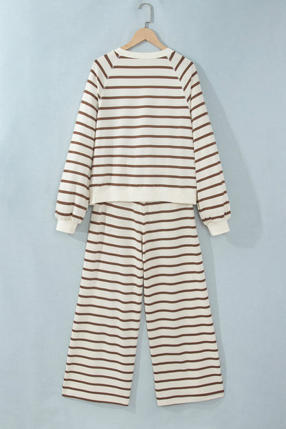 Khaki Stripe Relaxed Long Sleeve Top Color Block Detail Drawstring Pant Set