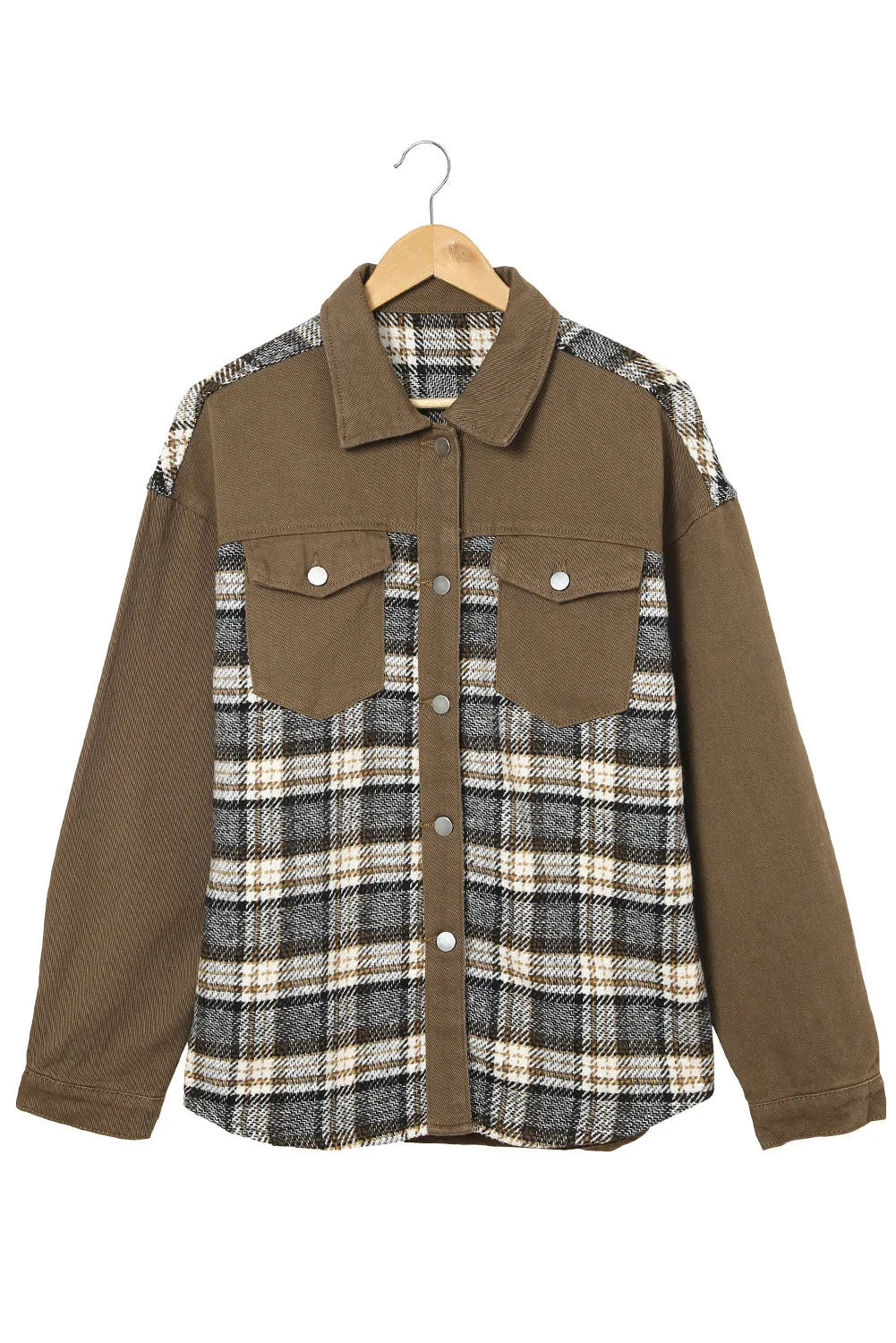 Brown Plaid Patchwork Pockets Denim Jacket - Chic Meadow Boutique 