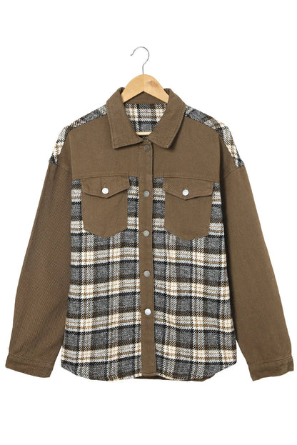 Brown Plaid Patchwork Pockets Denim Jacket - Chic Meadow Boutique 