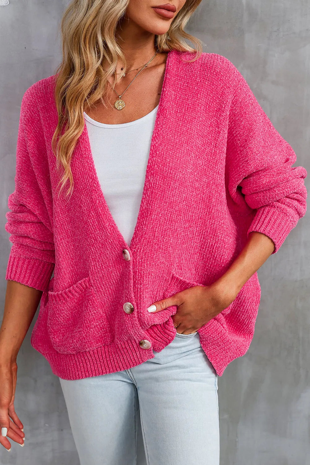 Rose Buttons Front Pocketed Sweater Cardigan - Chic Meadow Boutique 