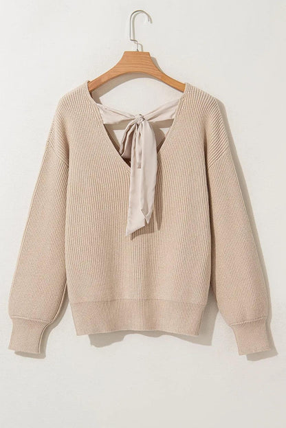 Sweaters & Cardigans/Sweaters Apricot Lantern Sleeve V Neck Knot Back Sweater