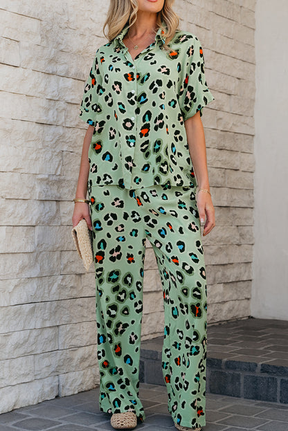 Green Leopard Print Short Sleeve Shirt and Wide Leg Pants Set