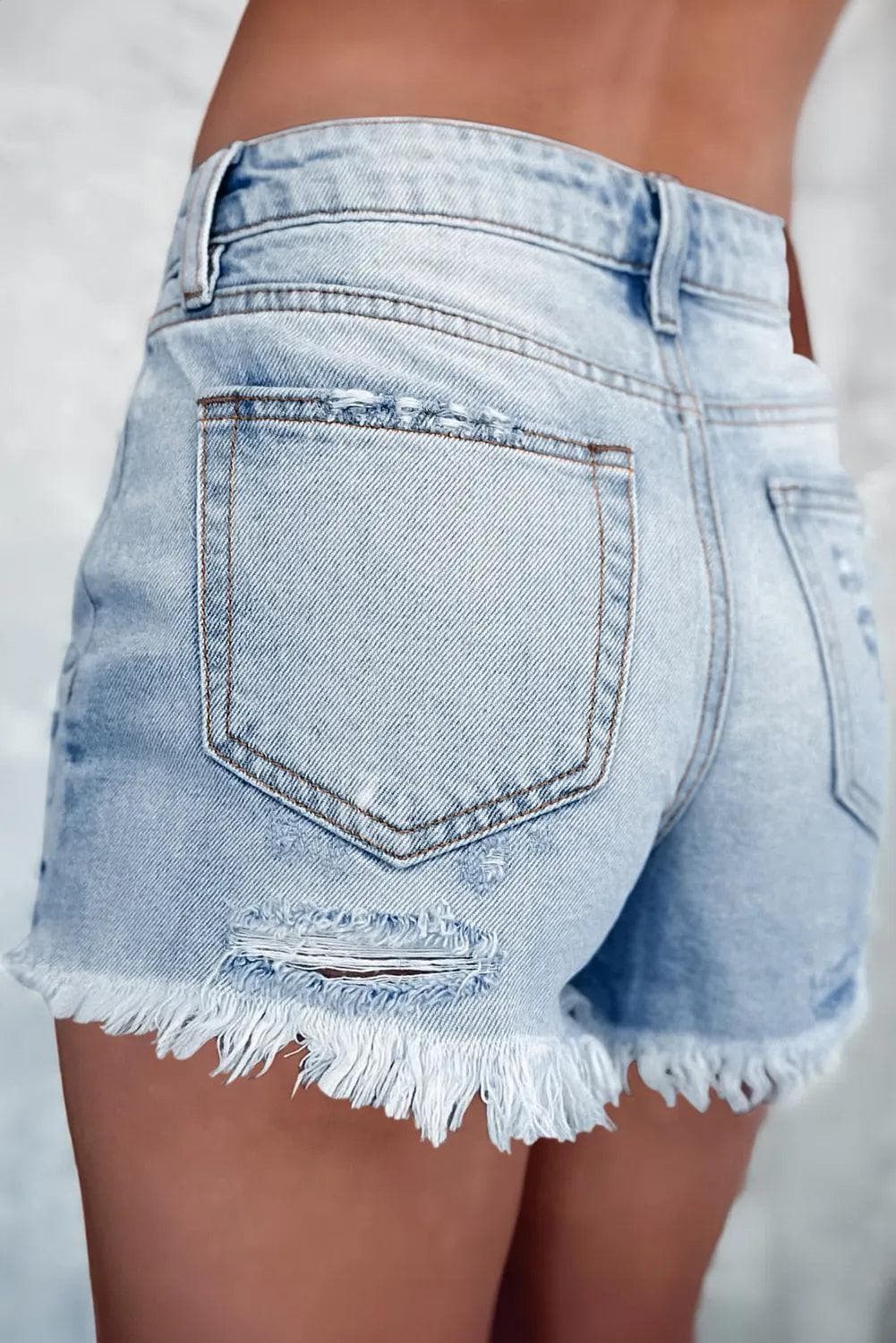 Bottoms/Denim Shorts Light Blue Distressed Ripped Raw Hem High Waist Denim Shorts