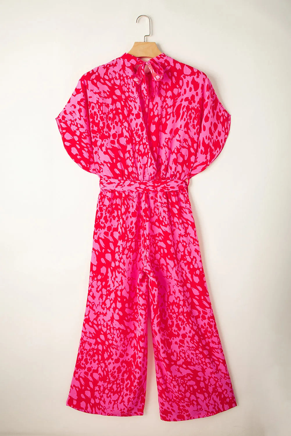 Rose Leopard Loose Sleeve Belted Wide Leg Jumpsuit - Chic Meadow Boutique 