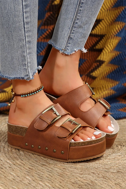 Chestnut Dual Buckle Studded Platform Sandal Slippers - Chic Meadow Boutique 