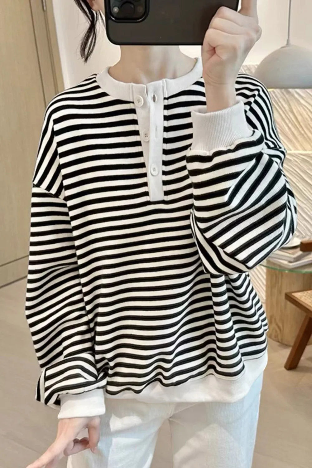 White Stripe Color Block Buttoned Crew Neck Oversized Sweatshirt - Chic Meadow Boutique 