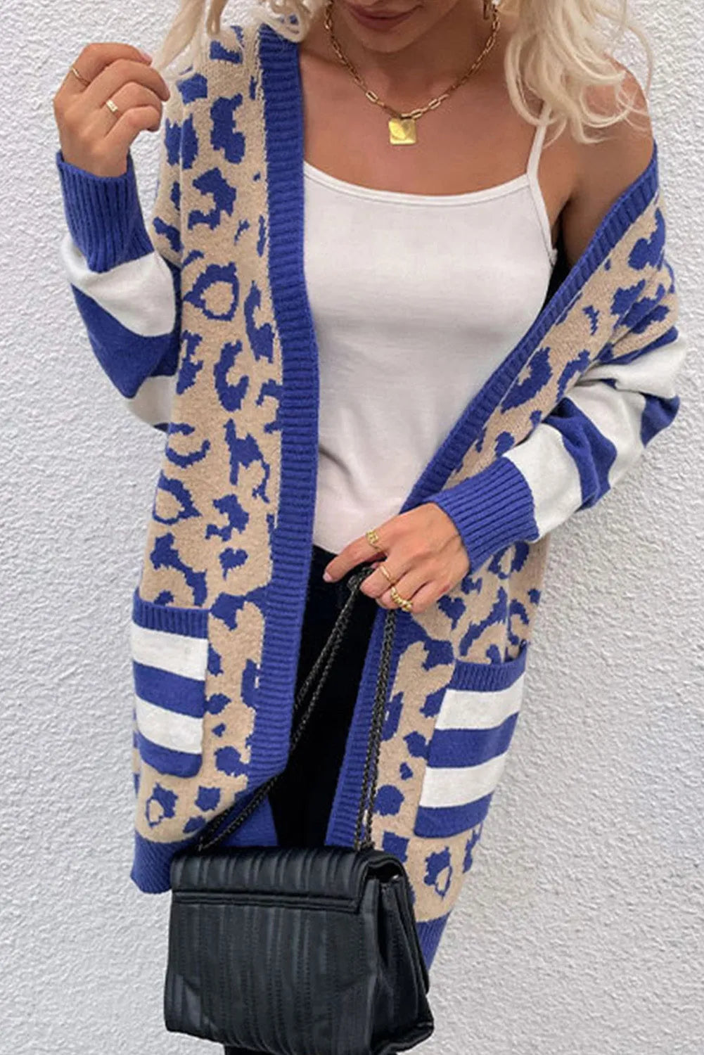 Dark Blue Stripe Sleeve Leopard Print Open Front Cardigan With Pockets - Chic Meadow Boutique 