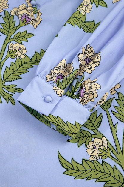Sky Blue Floral Print Button Tie Neck Long Puff Sleeve Blouse