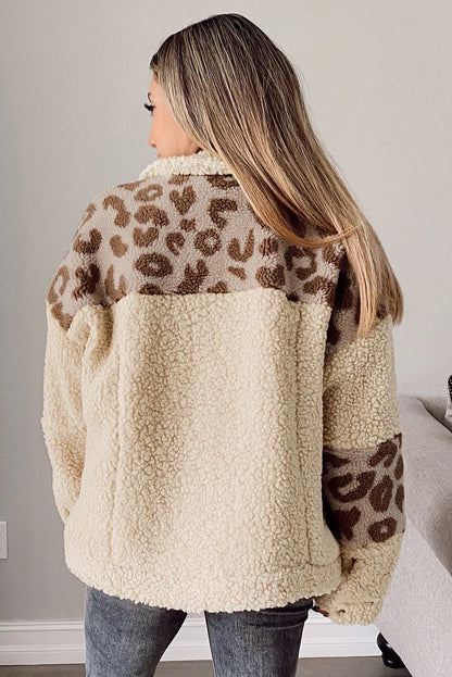 Beige Leopard Patchwork Snap Buttons Sherpa Jacket - Chic Meadow Boutique 