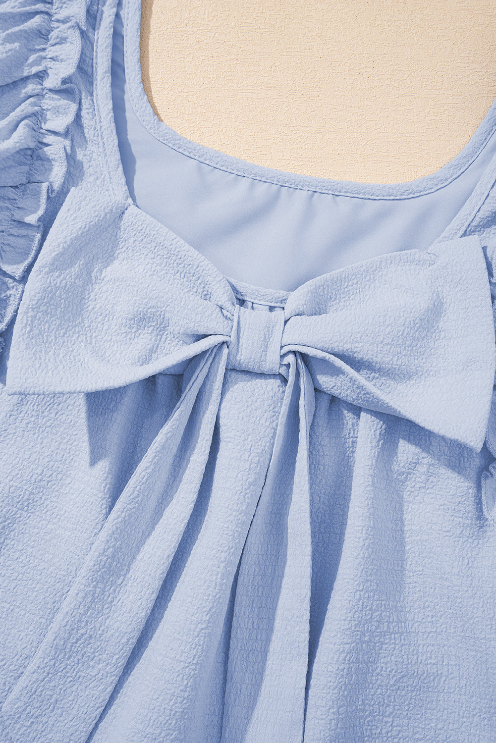 Beau Blue Textured Flutter Sleeve Square Neck Bow Back Mini Dress