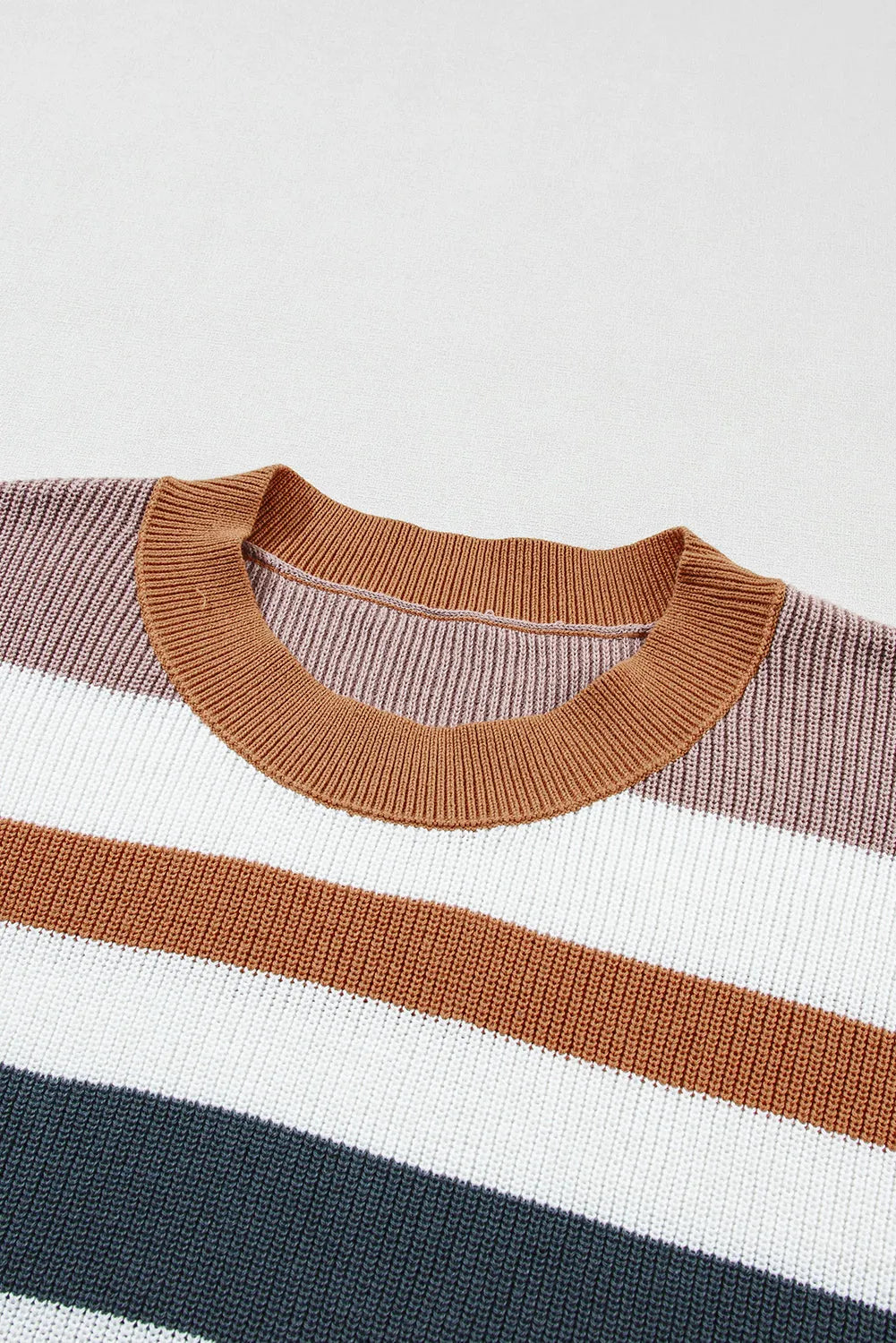 Camel Striped Knit Crew Neck T Shirt Sweater - Chic Meadow Boutique 