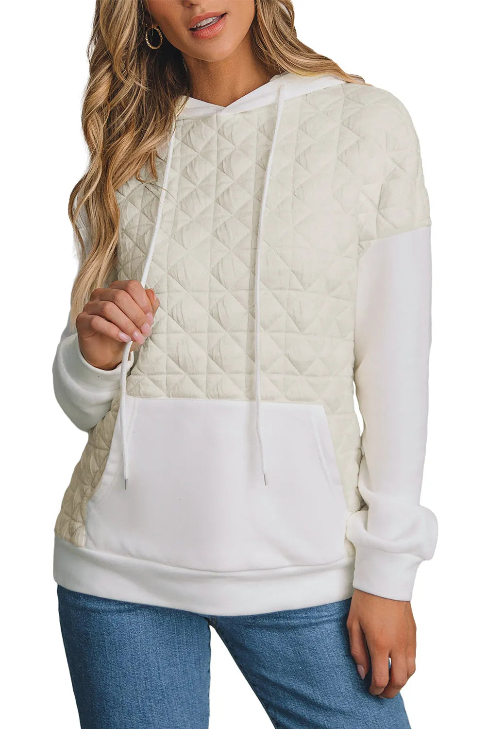 Beige Drop Shoulder Quilted Patchwork Kangaroo Pocket Hoodie - Chic Meadow Boutique 