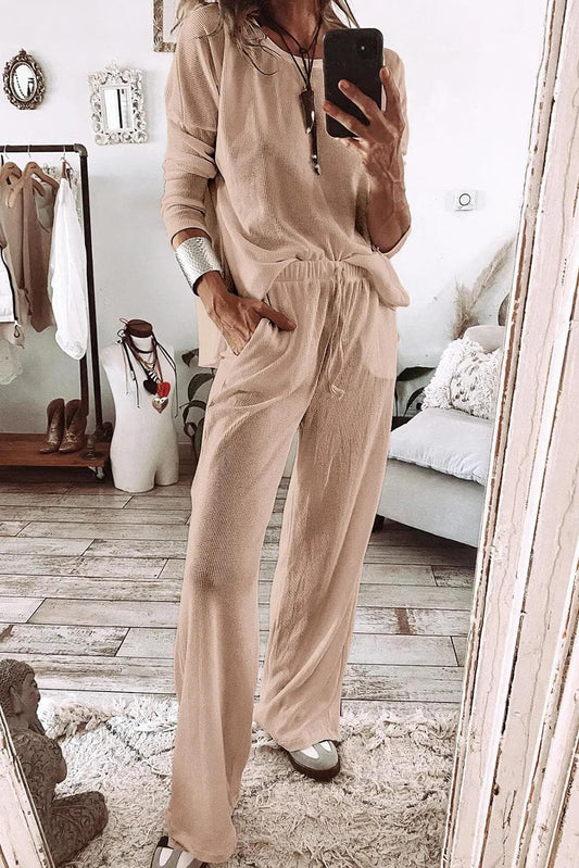 Loungewear & Sleepwear/Loungewear Parchment / S / 75%Polyester+25%Cotton Parchment Textured Long Sleeve T Shirt and Pants Lounge Set