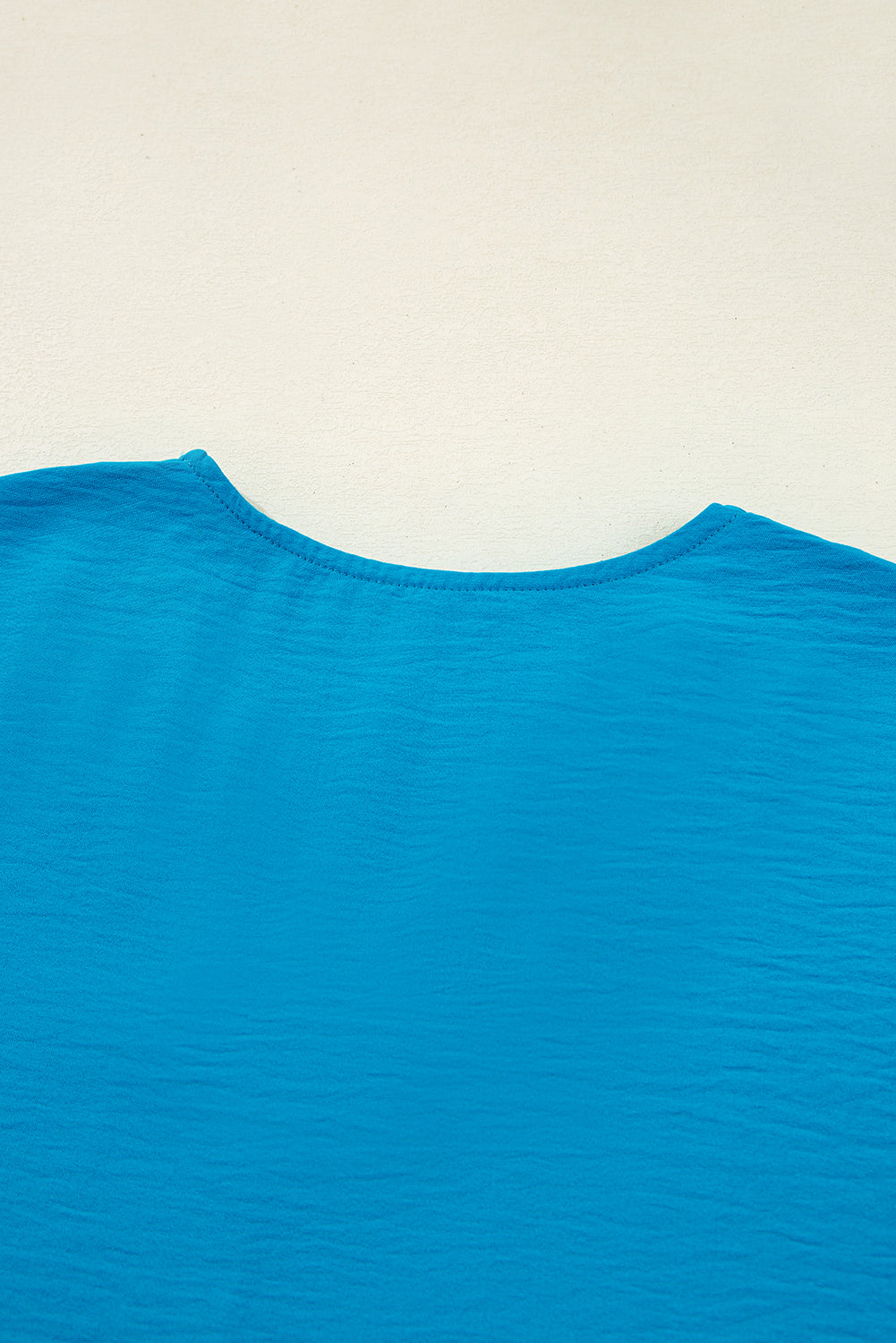 Sky Blue Frilled V Neckline Bracelet Sleeve Crinkled Blouse