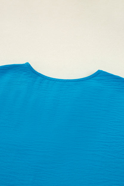 Sky Blue Frilled V Neckline Bracelet Sleeve Crinkled Blouse