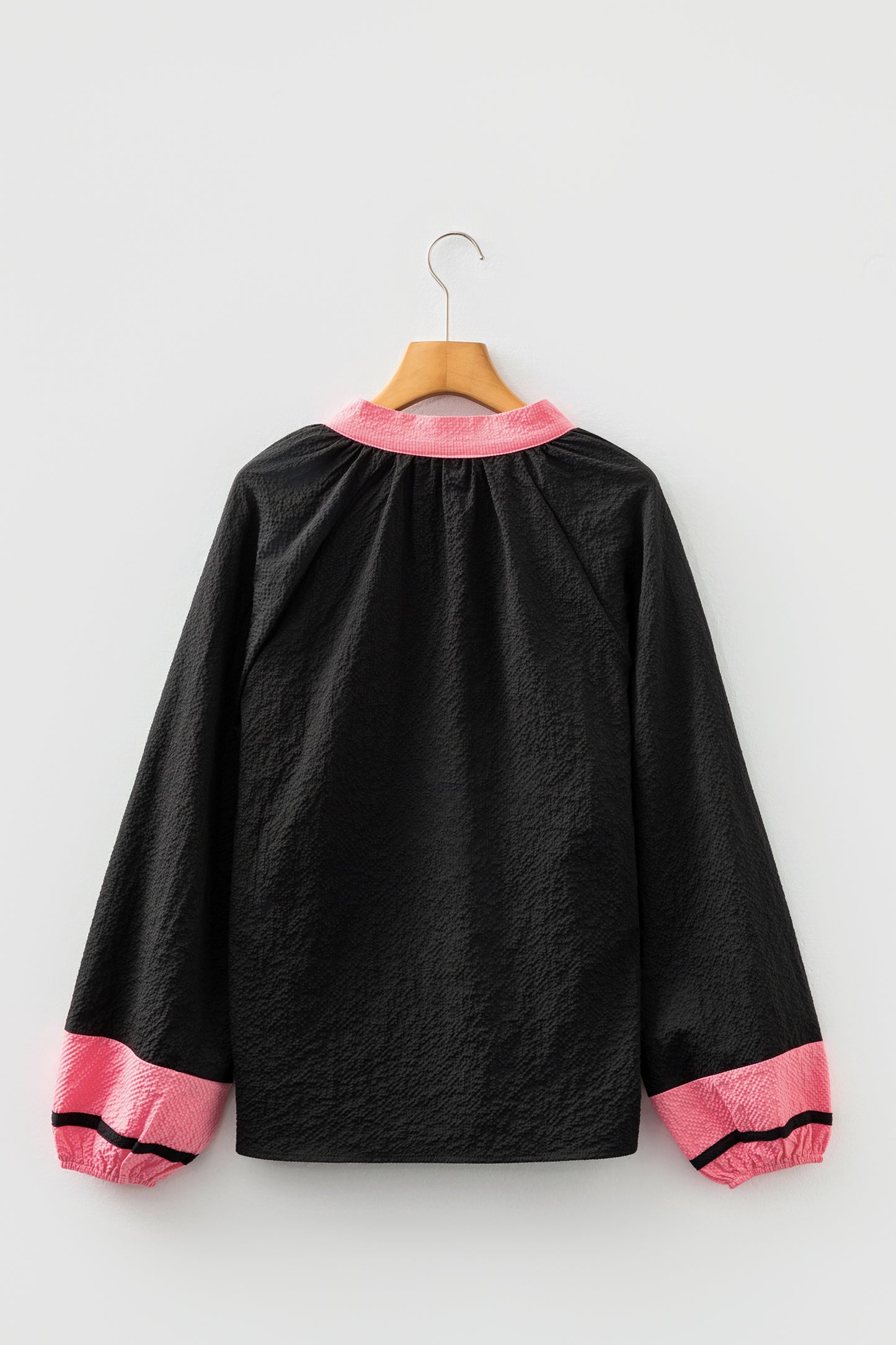 Black Color Block Patchwork Detail V Neck Textured Long Sleeve Blouse