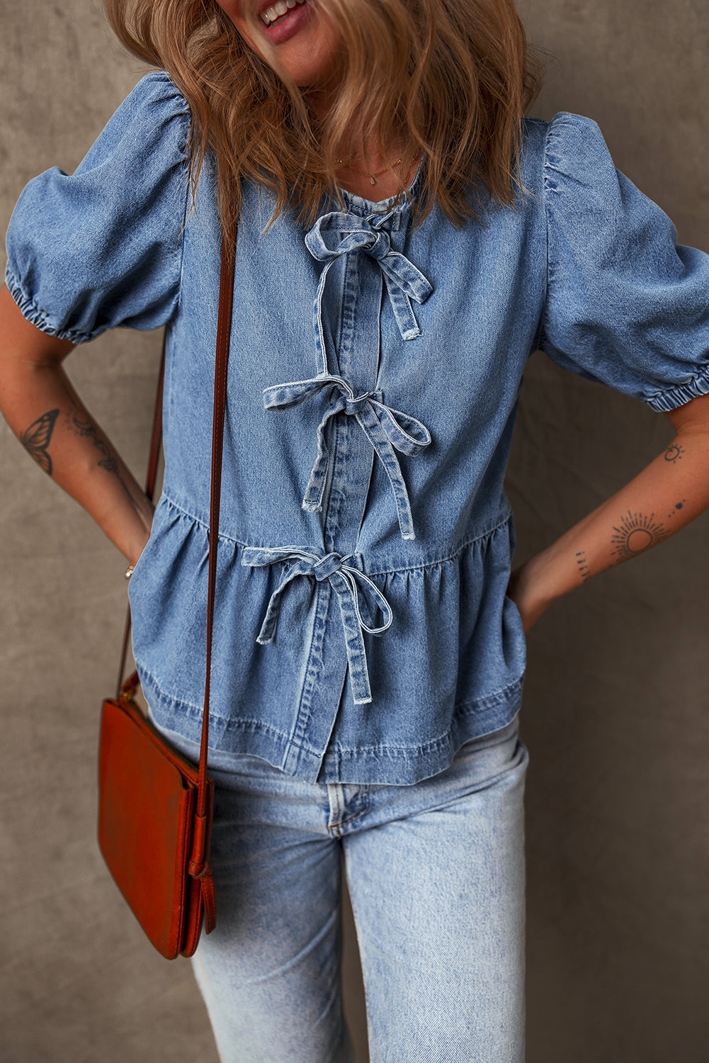 Dusk Blue Tied Front Bubble Sleeve Peplum Denim Shirt