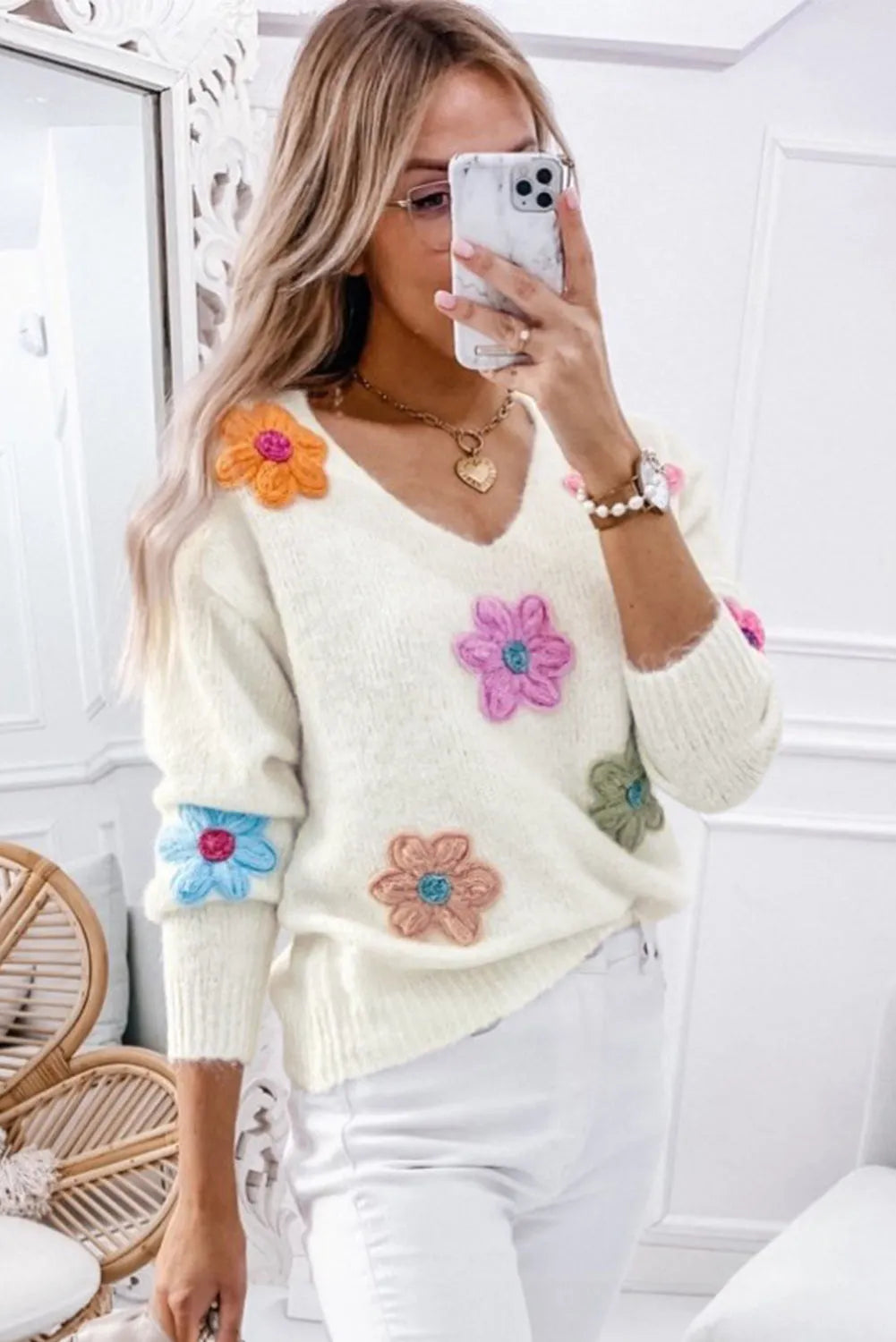 White Crochet Flower V Neck Sweater - Chic Meadow Boutique 