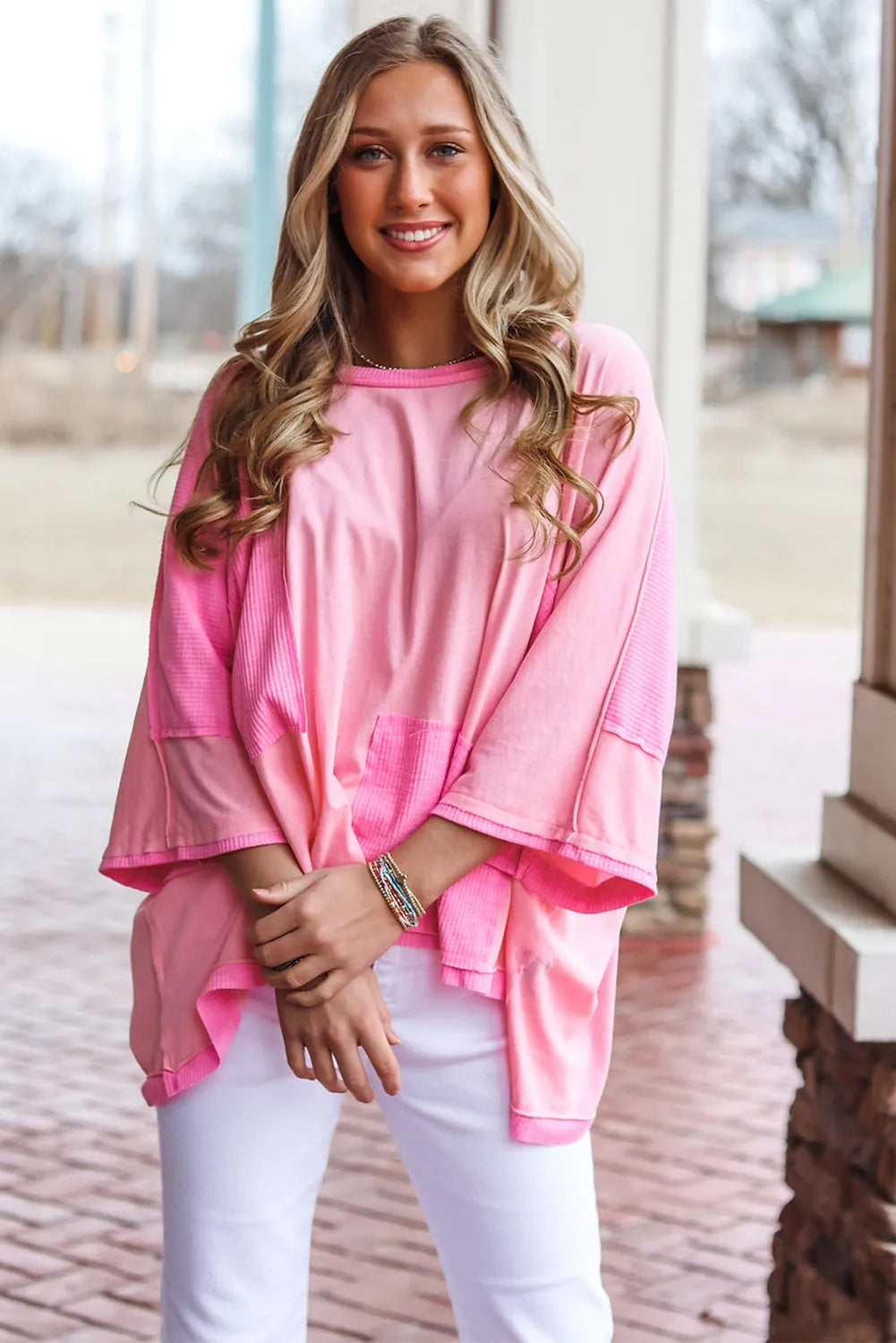 Pink Color Block Patchwork 3/4 Sleeve Loose Top - Chic Meadow Boutique 