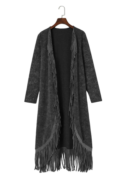 Black Fringed Hem Pocketed Open Cardigan - Chic Meadow Boutique 