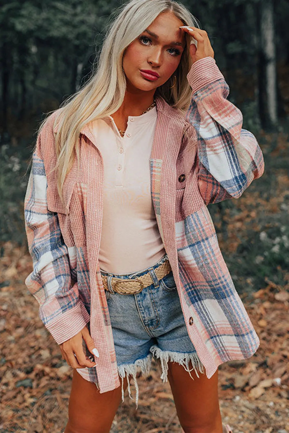 Light Pink Plaid Corduroy Patchwork Chest Pocket Shacket - Chic Meadow Boutique 