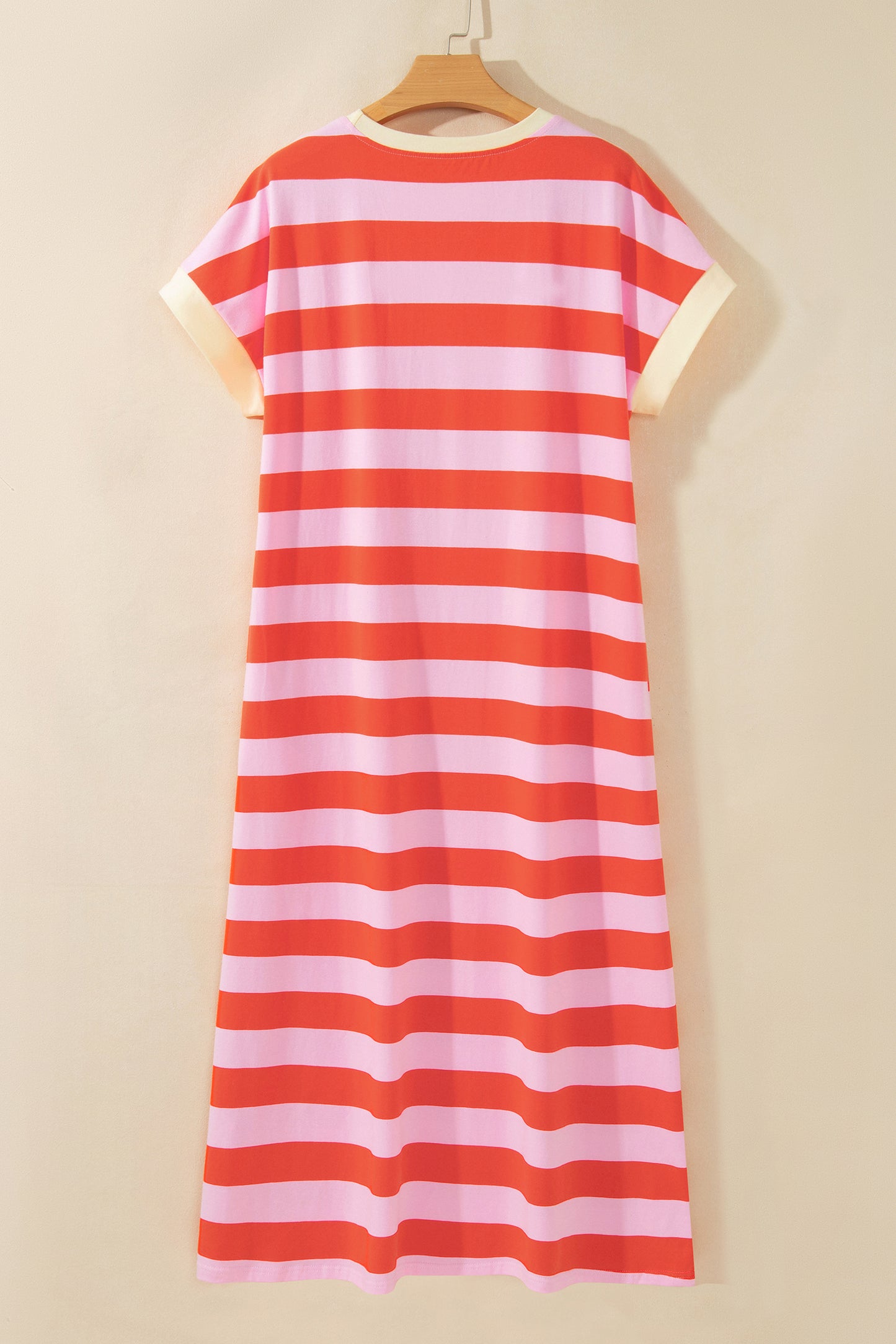Orange Stripe Cuffed Short Sleeve Pocketed Casual T Shirt Long Dress