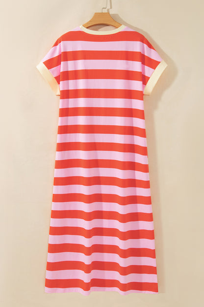 Orange Stripe Cuffed Short Sleeve Pocketed Casual T Shirt Long Dress