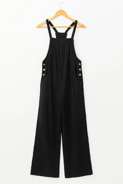 Black Solid Pocketed Loose Fit Corduroy Overall - Chic Meadow Boutique 