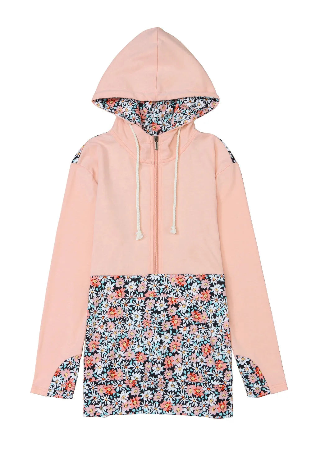 Pink Floral Patch Half Zip Kangaroo Pocket Hoodie - Chic Meadow Boutique 