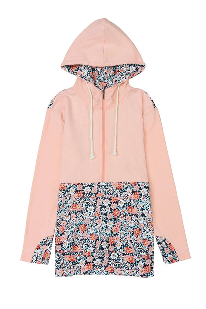 Tops/Sweatshirts & Hoodies Pink Floral Patch Half Zip Kangaroo Pocket Hoodie