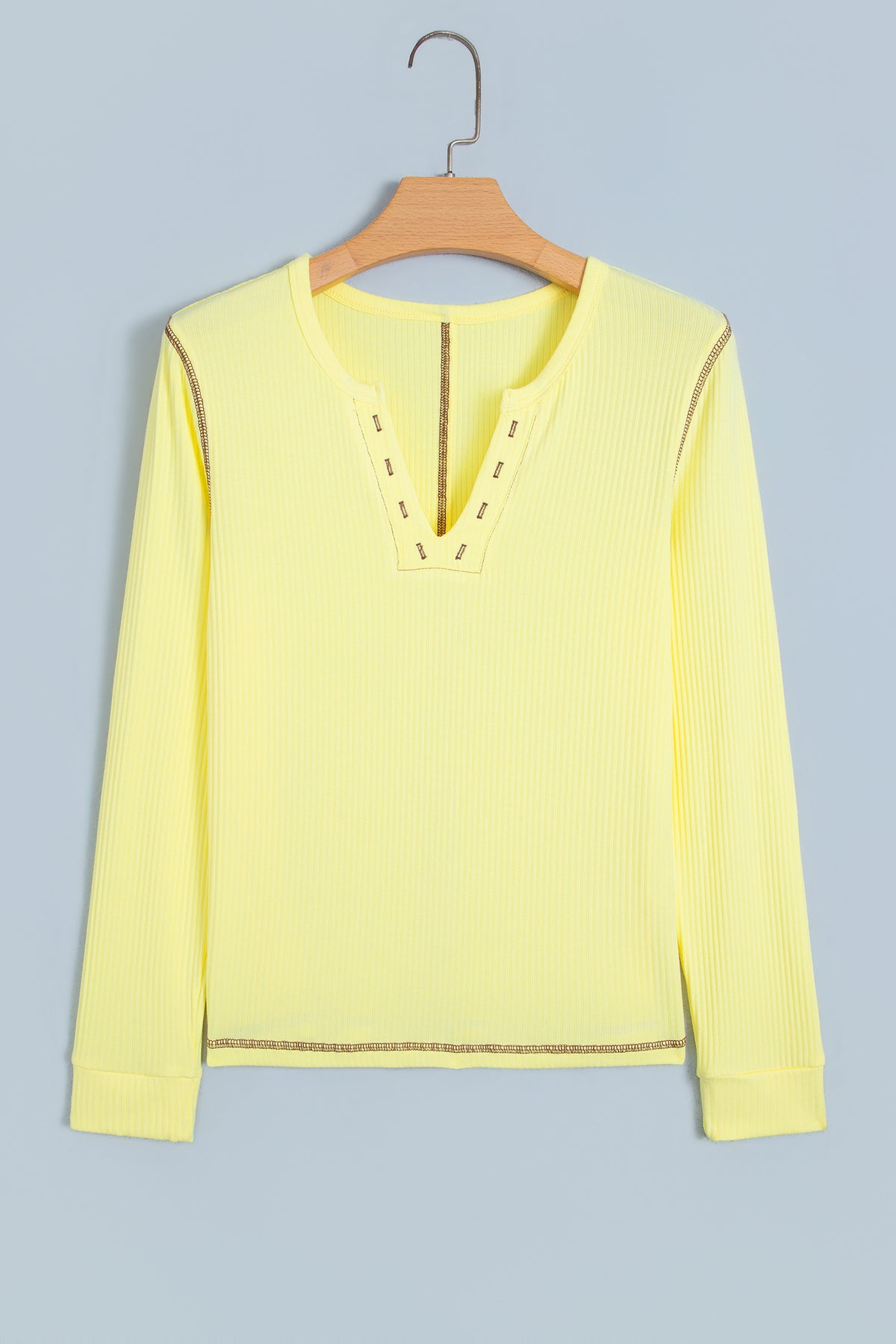 Banana Cream V Neck Ribbed Stitched Detail Long Sleeve Top