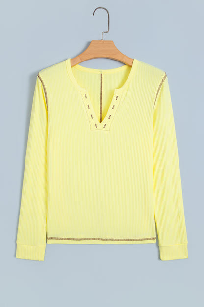 Banana Cream V Neck Ribbed Stitched Detail Long Sleeve Top