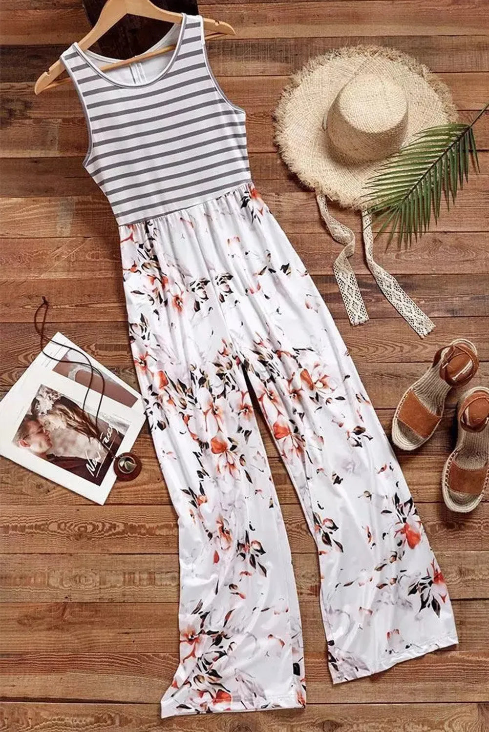 White Striped Floral Pocket Sleeveless Jumpsuit - Chic Meadow Boutique 