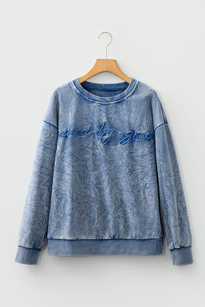Real Teal saved by grace Letter Embroidery Mineral Wash Loose Sweatshirt