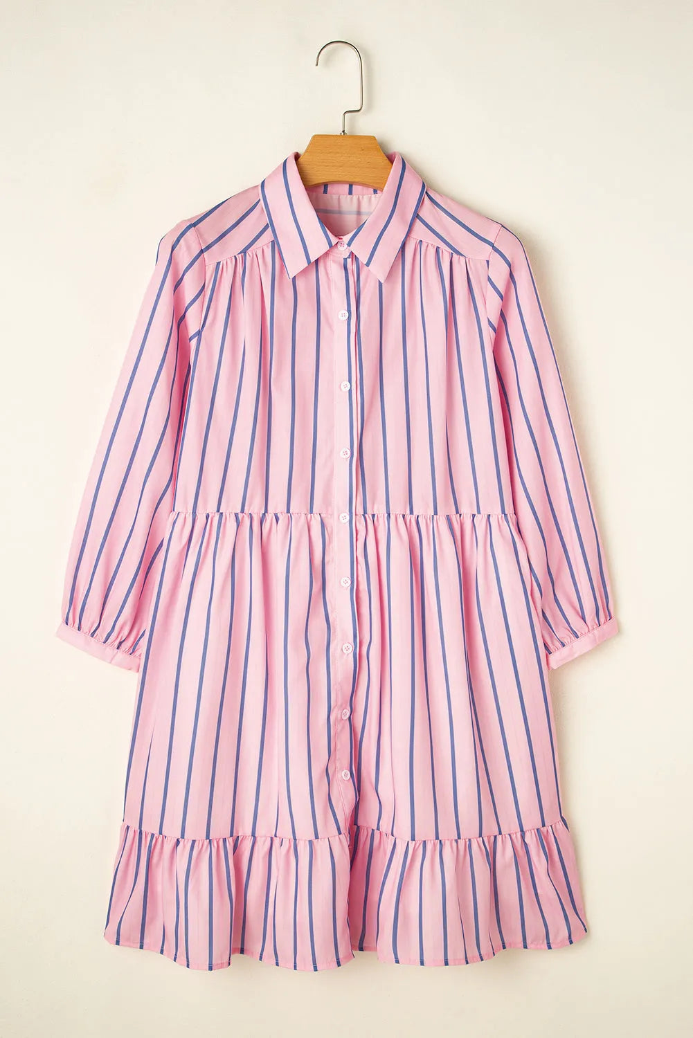 Pink Stripe Ruffled Hem Button-up Collared Shirt Mini Dress - Chic Meadow Boutique 