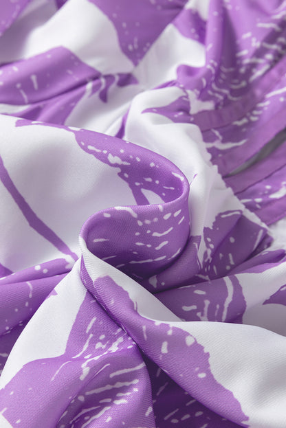 Purple Leafy Print 3/4 Sleeve Striped Trim Split Neck Blouse