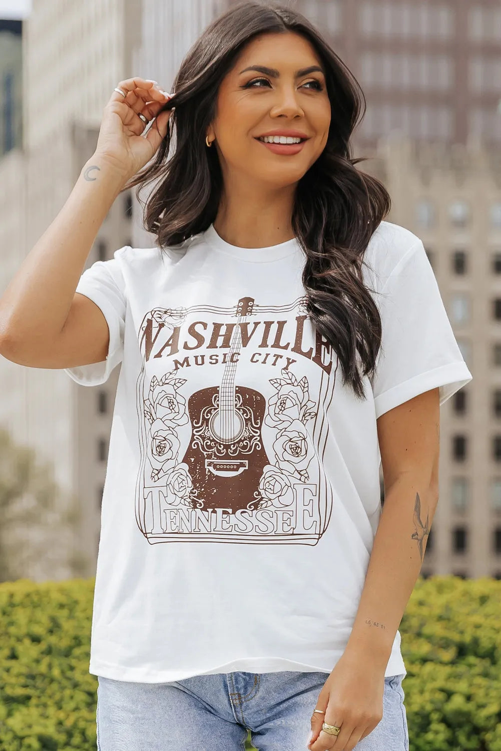 White NASHVILLE MUSIC CITY Graphic Crew Neck Tee - Chic Meadow Boutique 